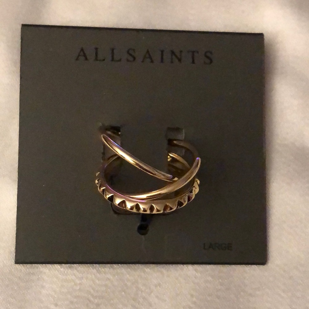 All Saints 3PC Gold Tone Crossover Ring Set 2 Thin Bands & 1 Studded Band Size L